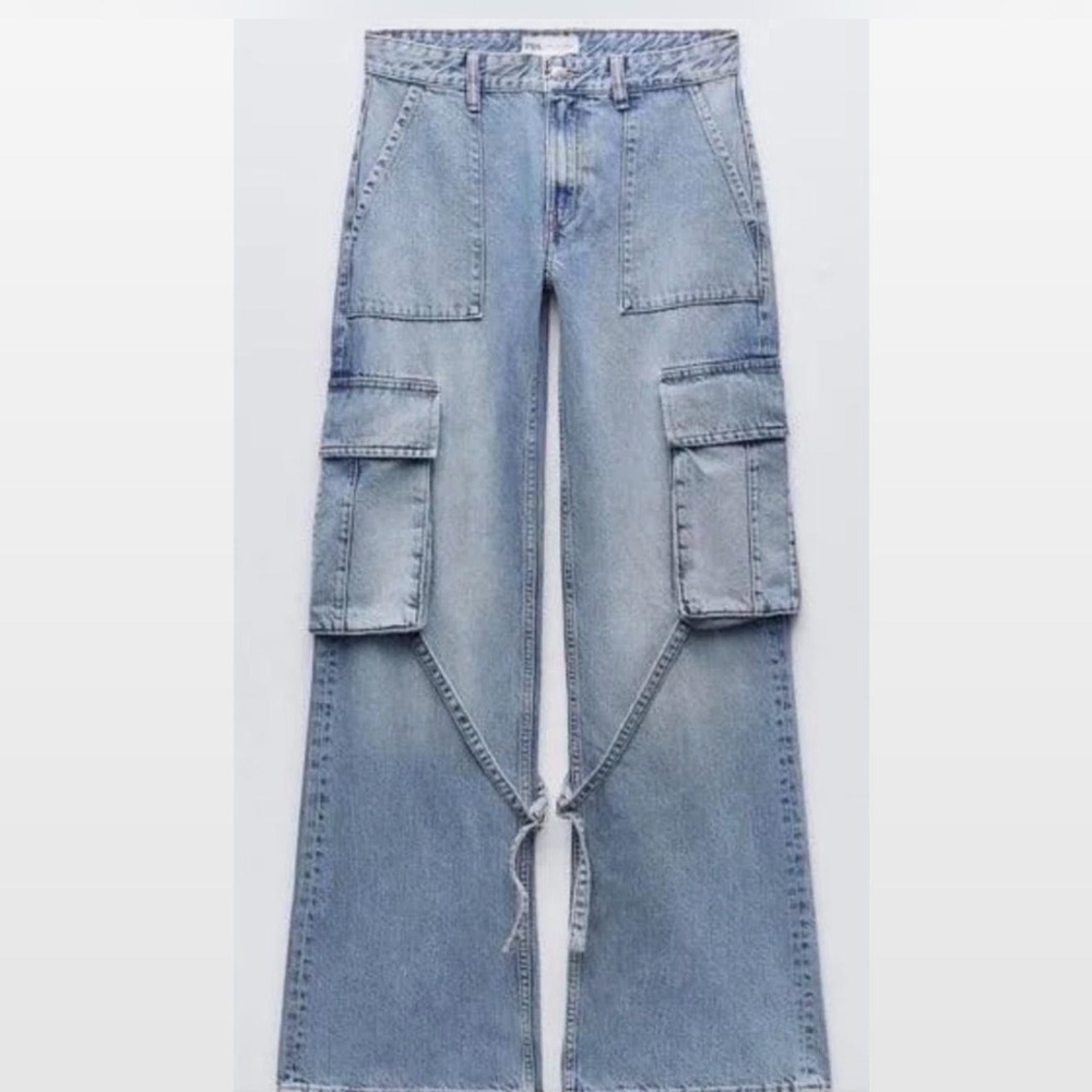 Zara Denim Blue Flare Cargo Jeans